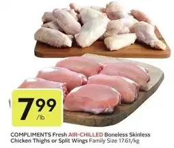 Sobeys Compliments Fresh Air-Chilled Boneless Skinless Chicken Thighs or Split Wings offer