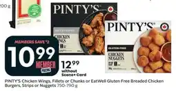 Sobeys Pinty's chicken wings, fillets or chunks or eatwell gluten free breaded chicken burgers, strips or nuggets offer