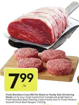 Sobeys Fresh Boneless Cross Rib Pot Roast or Family Size Simmering Steak or Fresh Boneless Beef Stewing Cubes Family Size or Fresh M offer