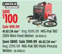 Canadian Tire Lincoln Electric MIG-Pak 180 230V Wire-Feed Welder offer