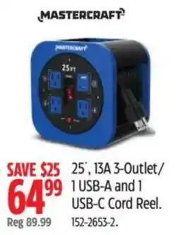 Canadian Tire Mastercraft 25' 13a 3-outlet/1 usb-a and 1 usb-c cord reel offer