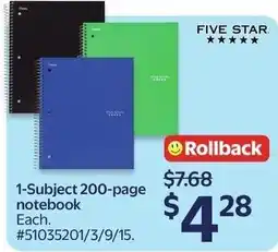 Walmart Five Star 1-Subject 200-page notebook offer