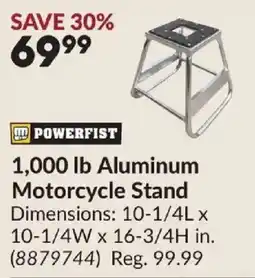 Princess Auto Powerfist 1000 lb aluminum motorcycle stand offer