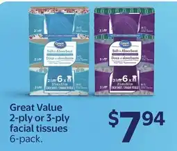 Walmart Great Value 2-ply or 3-ply facial tissues offer