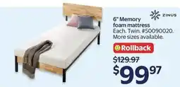 Walmart Zinus 6" Memory foam mattress offer