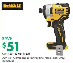 Kent DeWalt 20V 1/4" Atomic Impact Driver Brushless offer
