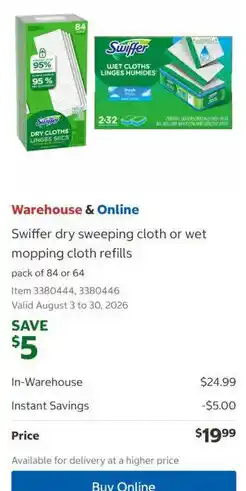 Costco Swiffer dry sweeping cloth or wet mopping cloth refills offer