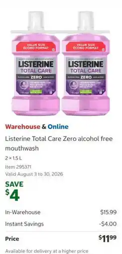 Costco Listerine Total Care Zero alcohol free mouthwash offer