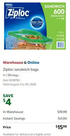 Costco Ziploc sandwich bags offer