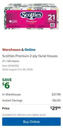 Costco Scotties Premium 2-ply facial tissues offer