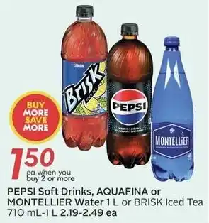 Pepsi Soft Drinks AQUAFINA or MONTELLIER Water 1 L or BRISK Iced Tea
