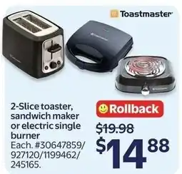 Walmart Toastmaster 2-slice toaster, sandwich maker or electric single burner offer