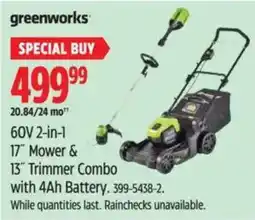 Canadian Tire Greenworks 60V 2-in-1 17" Mower & 13" Trimmer Combo offer
