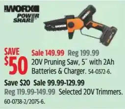 Canadian Tire Worx power share 20v pruning saw, 5" with 2ah batteries & charger offer