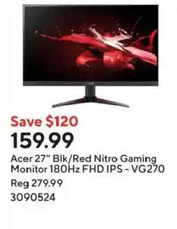 Staples Acer 27" Blk/Red Nitro Gaming Monitor 180Hz FHD IPS - VG270 offer