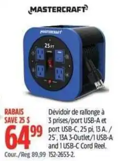 Canadian Tire Mastercraft 3-outlet/1 usb-a and 1 usb-c cord reel offer