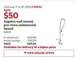 Costco Sagetraval wall mount pre-rinse commercial faucet offer