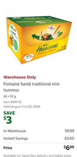 Costco Fontaine Santé traditional mini hummus offer