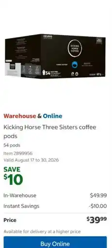Costco Kicking Horse Three Sisters coffee pods offer
