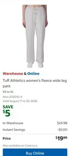 Costco Tuff Athletics women's fleece wide leg pant offer