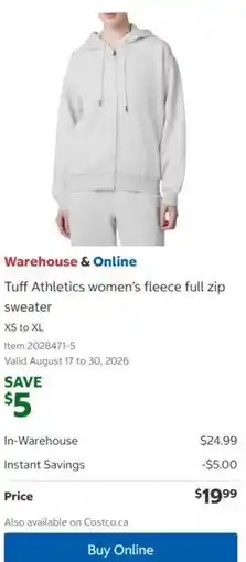 Costco Tuff Athletics women's fleece full zip sweater offer