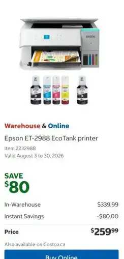 Costco Epson ET-2988 EcoTank printer offer