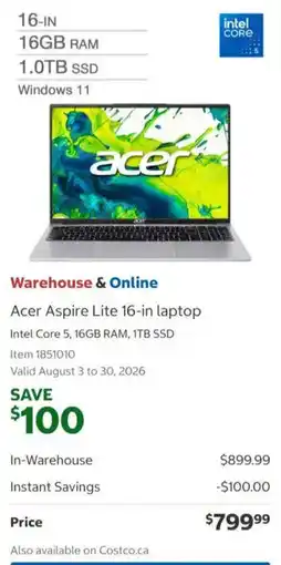 Costco Acer Aspire Lite 16-in laptop offer