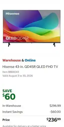 Costco Hisense 43-in. QD4SR QLED FHD TV offer
