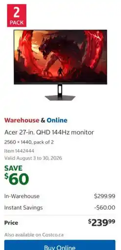 Costco Acer 27-in. QHD 144Hz monitor offer