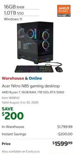 Costco Acer Nitro N85 gaming desktop offer