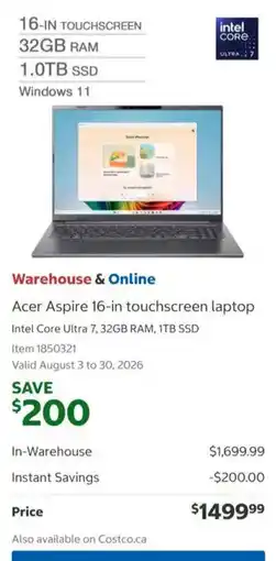 Costco Acer Aspire 16-in touchscreen laptop offer