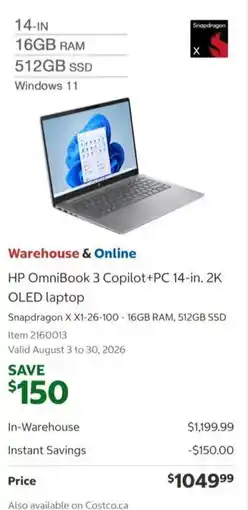 Costco Hp omnibook 3 copilot+pc 14-in. 2k oled laptop offer