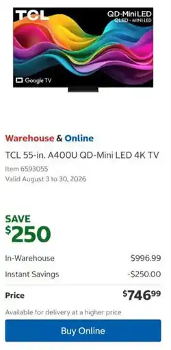 Costco TCL 55-in. A400U QD-Mini LED 4K TV offer