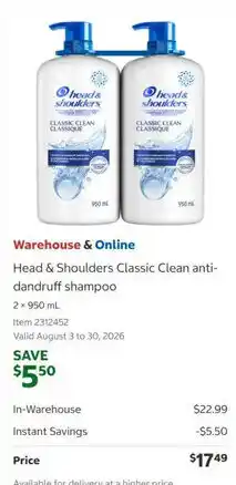 Costco Head & Shoulders Classic Clean anti-dandruff shampoo offer