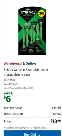 Costco Schick Xtreme 3 sensitive skin disposable razors offer
