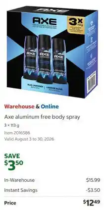 Costco Axe aluminum free body spray offer
