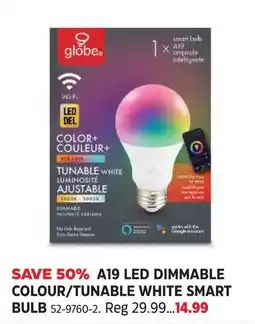 Canadian Tire Globe a19 led dimmable colour/tunable white smart bulb offer