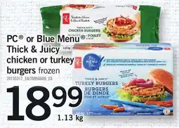 Loblaws PC thick & juicy chicken or turkey burgers offer
