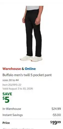 Costco Buffalo men's twill 5 pocket pant offer