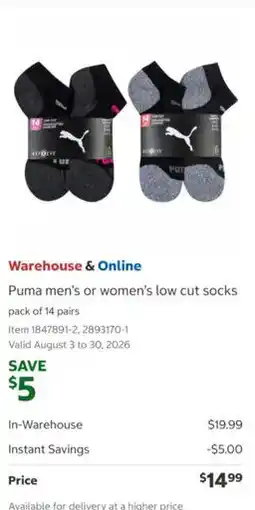 Costco Puma men's or women's low cut socks offer