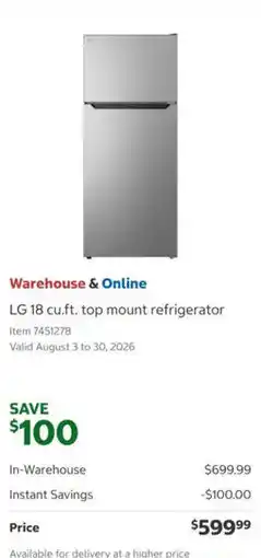 Costco LG 18 cu.ft. top mount refrigerator offer
