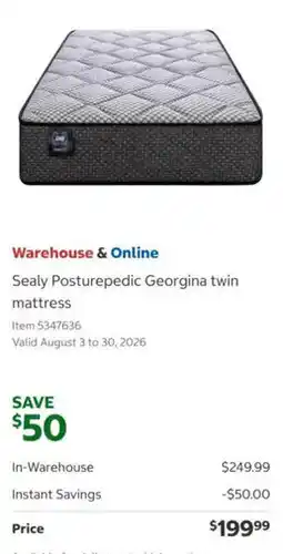 Costco Sealy Posturepedic Georgina twin mattress offer