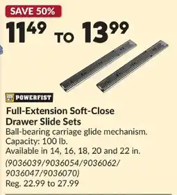 Princess Auto Powerfist full-extension soft-close drawer slide sets offer