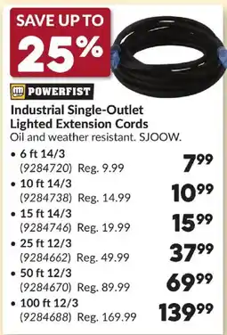 Princess Auto Powerfist industrial single-outlet lighted extension cords offer