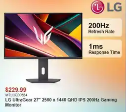 Canada Computers LG UltraGear 27" 2560 x 1440 QHD IPS 200Hz Gaming Monitor offer