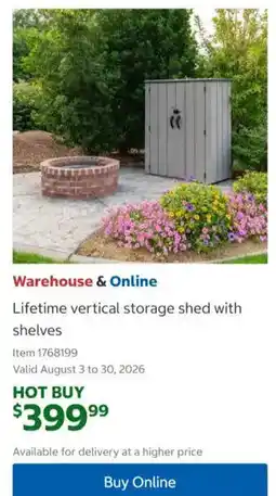 Costco Lifetime vertical storage shed with shelves offer