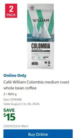 Costco Cafe William colombia medium roast whole bean coffee offer