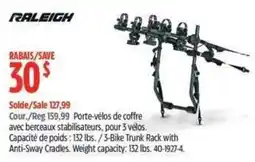 Canadian Tire Raleigh 3-bike trunk rack with anti-sway cradles offer