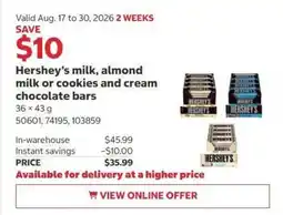 Costco Hershey's milk, almond milk or cookies and cream chocolate bars offer