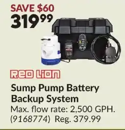 Princess Auto Red Lion Sump Pump Battery Backup System offer